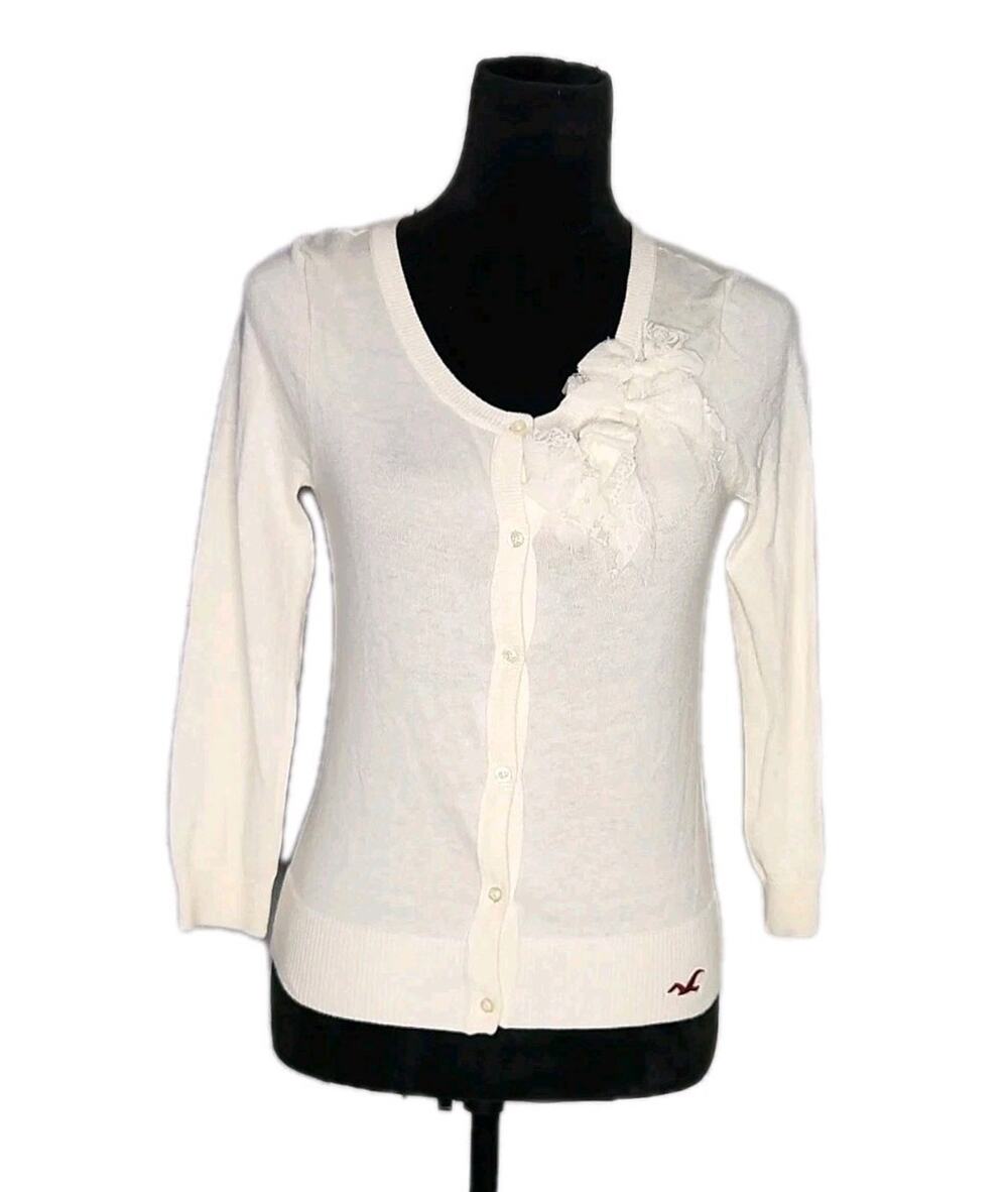 Hollister Y2K Vintage Cream Off White Lace Bow Details Cardigan Sweater Size M